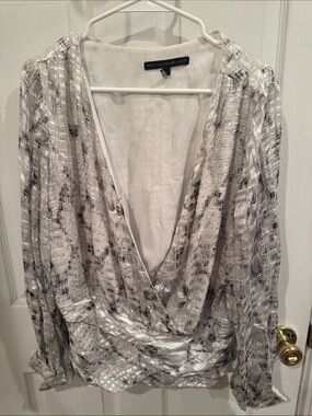 White House Black Market Sheer Gray & White Wrap Blouse